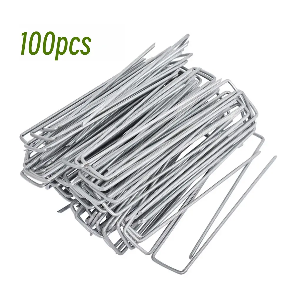 100 Heavy-Duty U-Shaped Steel Garden Posts with Durable Grass-Proof Weed Barrier Fabric & Landscape Bolts - Easy-Install Gardening Supplies for Fences, Artificial Lawn Fixtures