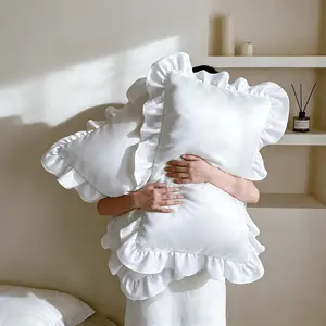 2-Pack Solid Color Romantic French Ruffle Edge Pillowcases, Soft Breathable Polyester Fabric, All-Season Home Decor, Bedroom Sofa Accessories