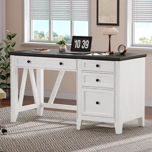 ONBRILL 54 Inch Farmhouse Executive Desk, Computer Desk with Storage Drawers & File Drawer, Modern Home Office Desk with Charging Station for Working, Studying, Writing