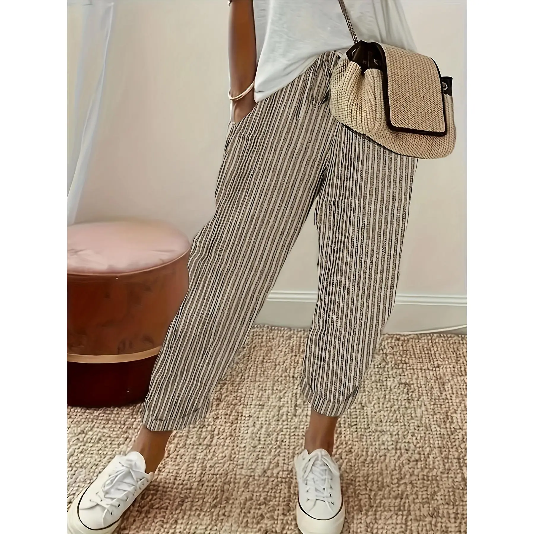 YYW1 Women's High-Waisted Wide-Leg Polyester Pants, Casual Striped Design with Side Stripe Detail, All-Season Bottoms