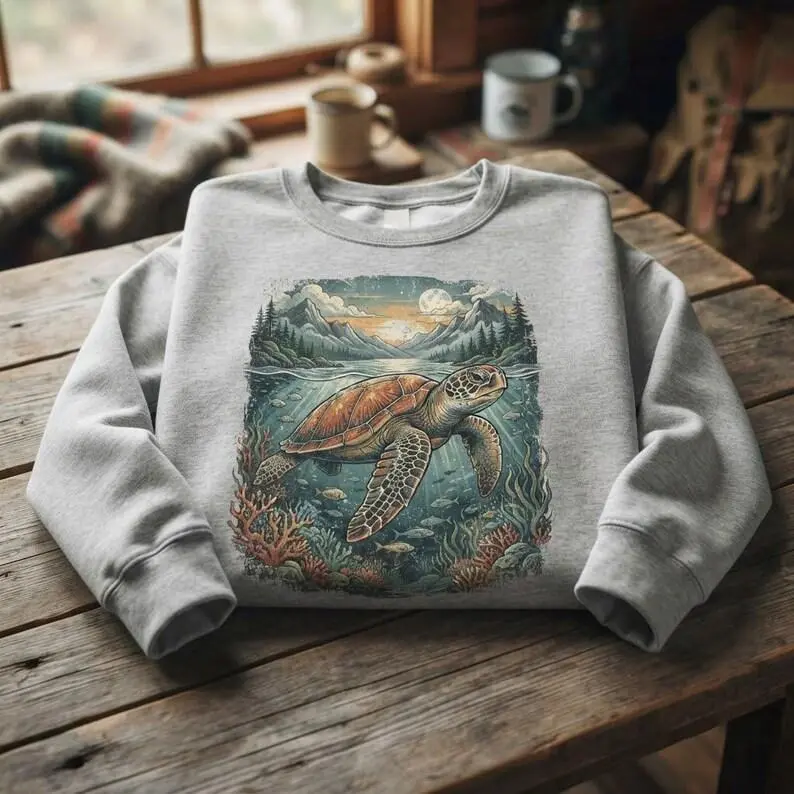 Vintage Shirt Sea Turtle Sweatshirt Ocean Life Marine Nature Beach Sunset Retro Cottagecore Graphic Tee Oversized Hoodie Gift For Her