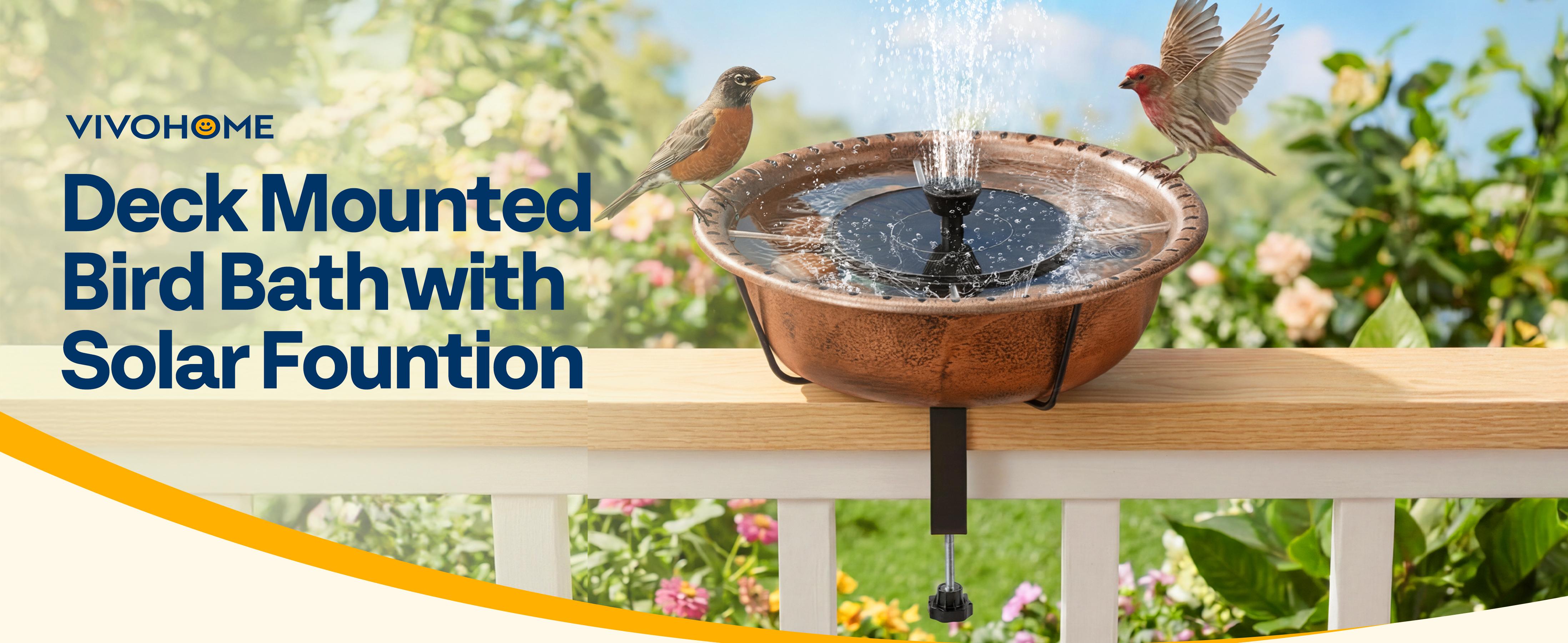 VIVOHOME Deck Mounted Bird Bath with Solar Fountain, Outdoor ABS Birdbath Bowl with Adjustable Metal Clamp, Solar Powered Pump for Railing, Fence, Balcony, 1.45 Gallons