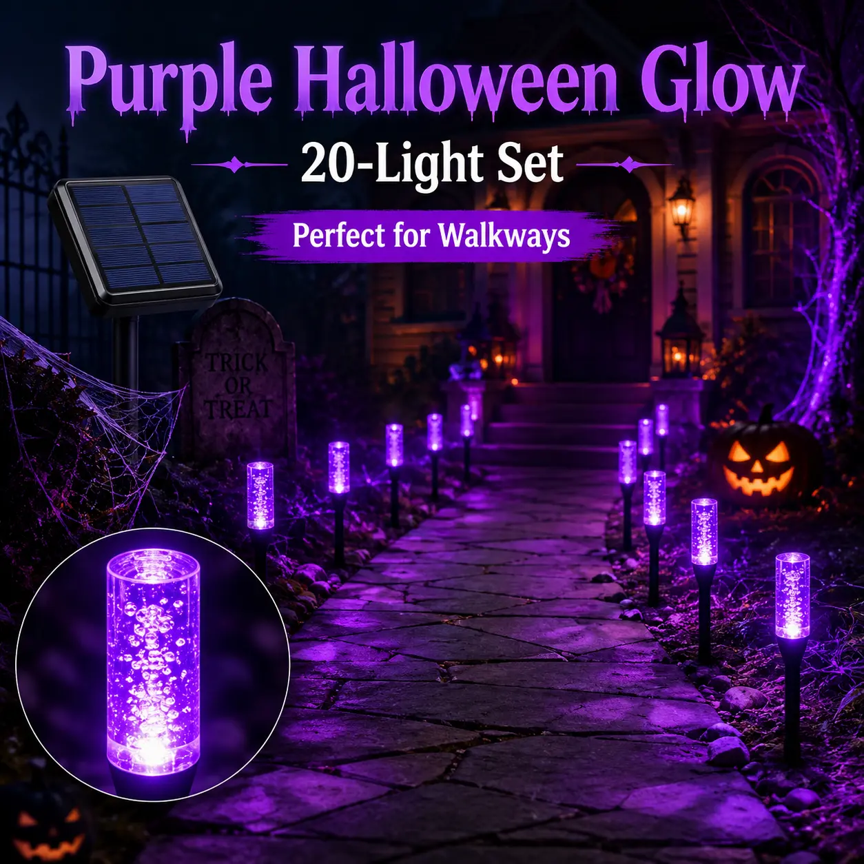 Solar-powered ground-insert lights featuring 20 purple bubble-crystal LEDs; ideal for outdoor garden, patio, and walkway decoration, as well as for Halloween parties, front lawn displays, and haunted house-themed events.