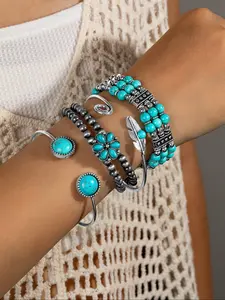 Fashion Vintage Turquoise Round Buckle Elastic Beaded Open Bracelet Set, Multi-Layer Stacking Navajo Pearl Flower Bangles, Fashionable Bangle, Layered Bracelet Set