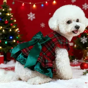 New Christmas Pet Apparel - Tartan Plaid Outfit with Green Bowtie for Puppies & Kittens, All-Season Wear for Bichon Frise, Miniature Dachshund, Yorkshire Terrier, French Bulldog, Poodle, Short-Haired Cat, Maine Coon, American Curl & Bobcat