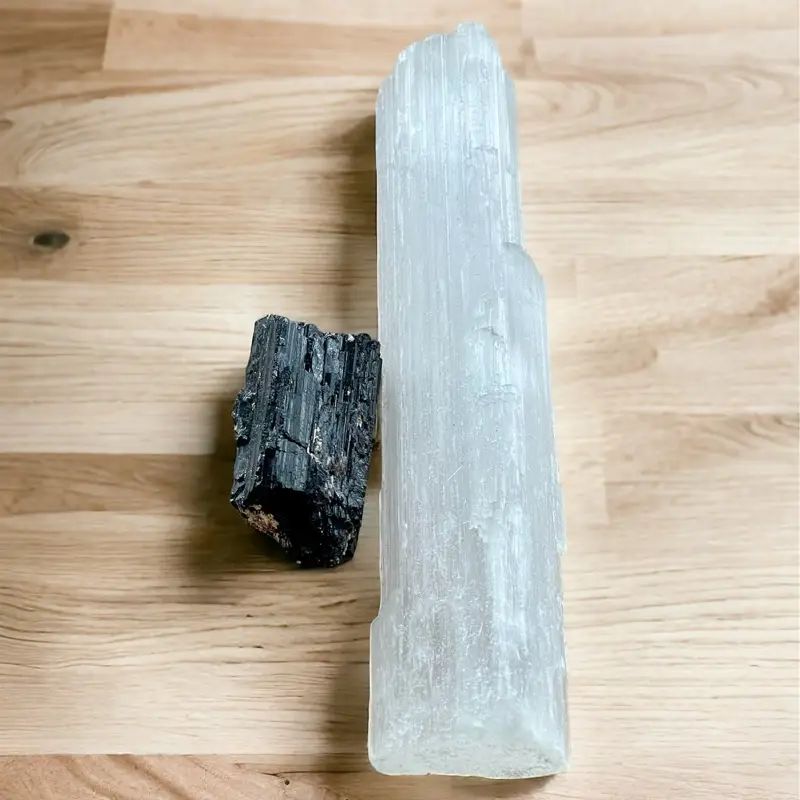 Protect Your Home, Car Protection, Safe Driving: Selenite and Black Tourmaline Natural Raw Crystals, 6-8 inch selenite, 1-2 inch tourmaline