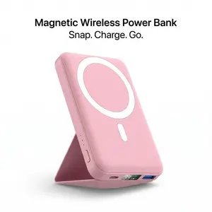 10000mAh Magnetic Power Bank Wireless Portable Charger with USB-C Cable LED Display Foldable Battery Pack for iPhone17/ 16/15/14/13/12/Pro/Pro Max Series Charging Compact Silicone Pink