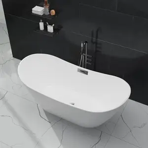 White 67“ Freestanding Bathtub, Acrylic Streamline Stand Alone Soaking Bath Tubs for Adult with Overflow and Drain in Chrome, Perfect for Your Bathroom
