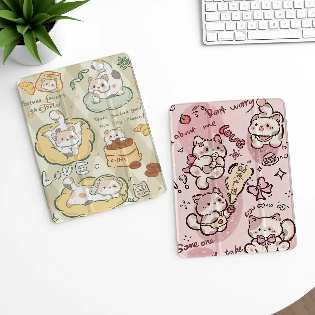 Lazy Cute Cat Themed Smart Trifold Case  Fits for iPad Mini4/5/6/7, Air1/2/3/4/5/6/7, Gen5/6/7/8/9/10/11, Pro11"(2020-2025) & Pro  + Galaxy Tab S6 Lite/S10 lite, A9+, S7/S8/S9/S9FE/S10FE/S10 lite, S7+/S8+/S9+/S10 Auto Wake/Sleep & Durable Protection