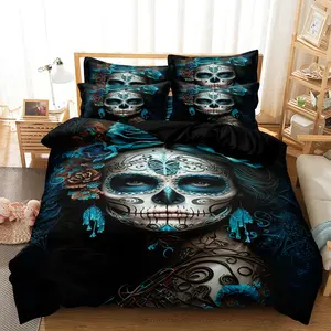 3pcs Gothic Sugar Skull Duvet Cover Bedding Set- Mexican Day of the Dead Design With Calavera Woman & Floral Print, Included (1*Duvet Cover & 2*Pillowcase，Polyester Fiber 90g) Soft Comfortable For Bedroom, Guest Room And Dorm Decor Halloween Gift