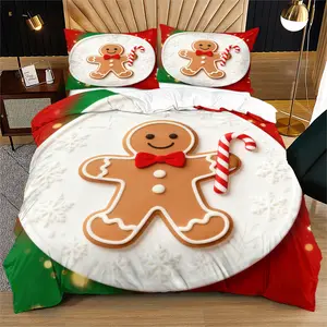 Christmas series gingerbread man pattern does not carry cotton, soft and durable bed quilt cover set, including 1 quilt cover and 1 or 2 pillowcases, does not include quilt core and pillow core, suitable as a Christmas gift
