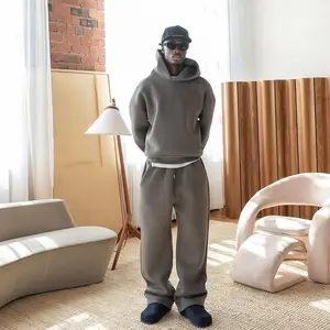 Men's Casual Solid Hooded Pullover Straight Pants 2 Piece Set Tracksuit For Fashion Loose Hoodies Sweatshirt Wide Leg