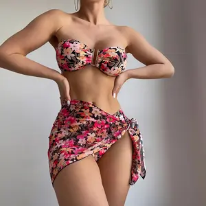 hawaiian Bikini - Metal U-Shaped Women's Creative 3-Piece Floral Print Swimsuit, Perfect For Beach, Hot Springs, And Pool