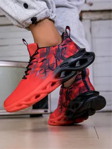Unisex Red & Black Graffiti Blade Mesh Running Shoes, Soft Cushioned, Non-slip & Wear-resistant Professional Racing Breathable Running Sneakers, Sports Shoes