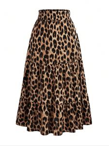 plus size leopard print maxi skirt, perfect vacation, women's high waist a-line hem dress, casual fashion clothing