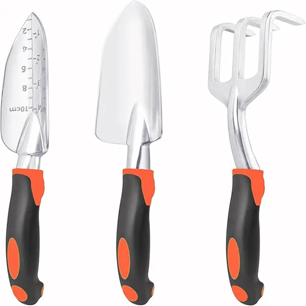3 Pack Heavy Duty Garden Tools Set, Includes Garden Shovel, Transplant Trowel & Hand Rake, Ergonomic Handle, Aluminum Alloy for Lawn Planting, Orange