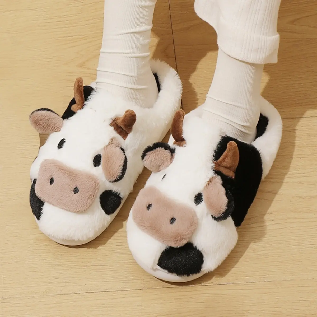 Fuzzy Cow Slippers for Women Men unisex slippers in winter Cute Cotton  House Shoes Fluffy Plush Slippers for Girls Indoor Living Room Bedroom cute shoes Cotton Winter Indoors Outdoors Footwear Walking Shoes