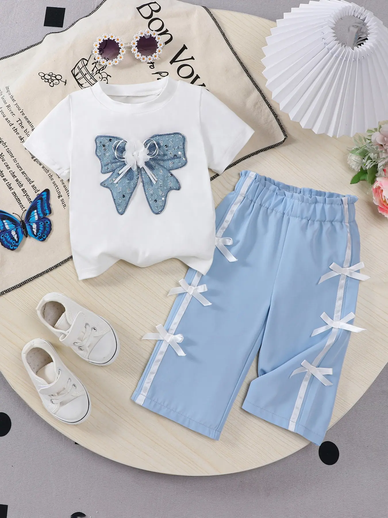 Baby Girl Cute Bow Embroidered Short Sleeve T-Shirt & Side Bow Wide Leg Pants Set, Baby Clothing, Summer Breathable Lightweight Casual Wear