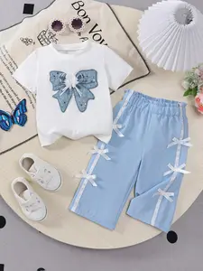 Baby Girl Cute Bow Embroidered Short Sleeve T-Shirt & Side Bow Wide Leg Pants Set, Summer Breathable Lightweight Casual Wear