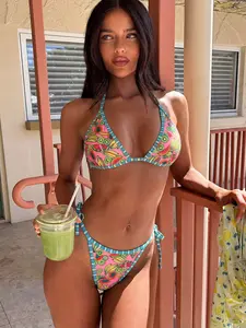 Women's Swimsuit bikini, Tie Side Bikini, summer trapical hisbicus fruit print white yellow green colour reversible OOTD, Vacation Outfits, music festival, Pool Party beachwear Summer 2026