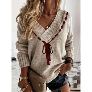 V-Neck Sweater with Bow Design, Elegant Long-Sleeve Sweater for Spring and Autumn, Women’s Clothing