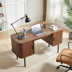 ONBRILL 55 Inch Fluted Computer Desk with Charging Station, Mid Century Executive Desk with 2 Storage Cabinets, Modern Home Office Large Desk with Metal Legs for Working, Studying, Writing