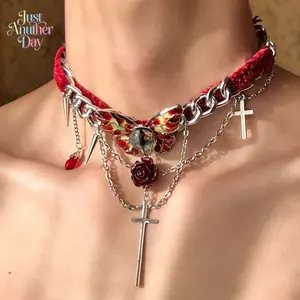 Gothic Butterfly Cross Red Velvet Choker Necklace, Layered Tassel Collar with Rose & Crystal Charms, Sweet Cool Style Neck Chain for Women