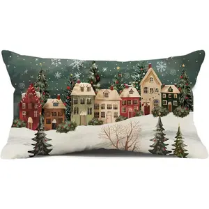 Winter  Decorative Rectangle Pillow Cover 12 x 20, Wonderland Forest House Snowflake  Porch Outdoor Pillowcase, Christmas Holiday Seasonal Farmhouse Cushion Case  Decor