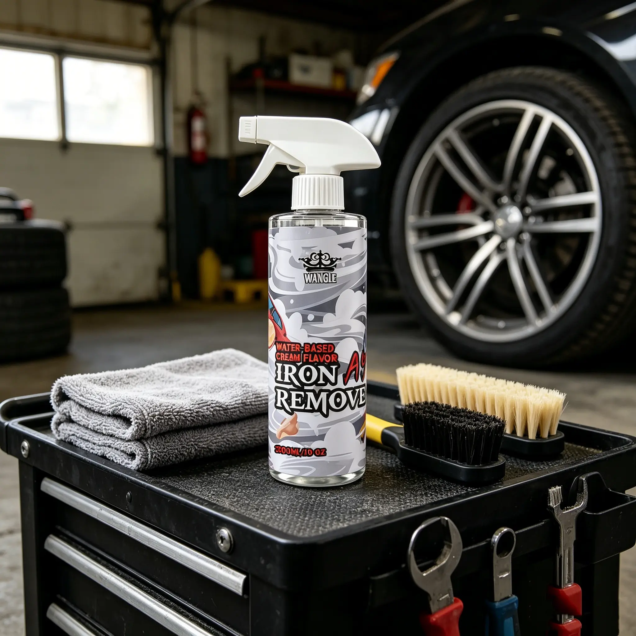 Automobile iron-removing spray can dissolve brake dust, rust and metal debris. It is suitable for use on paint layers and water-based detail cleaners.