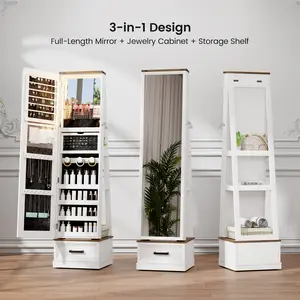 Miu 360° Swivel Standing Jewelry Cabinet with LED Light, mirror cabinet,jewelry armoire，Mirror with storage，Standing Jewelry Armoire Organizer gift idea