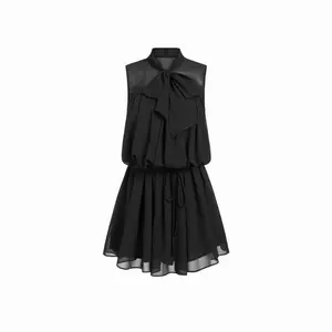 Cider Chiffon Stand Collar Drawstring Ruffled A-line Mini Dress With Scarf