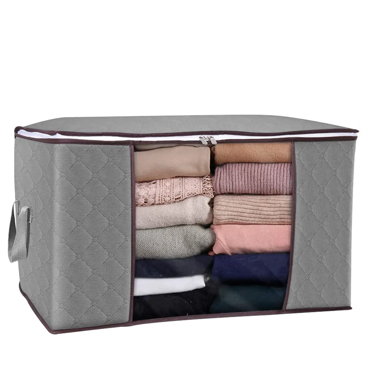 90L Bedding Containers Storage Bags (1/2/3/4 Pack) – Grey Thick Fabric, Clear Window & Sturdy Zipper, Reinforced Handle for Comforters/Blankets