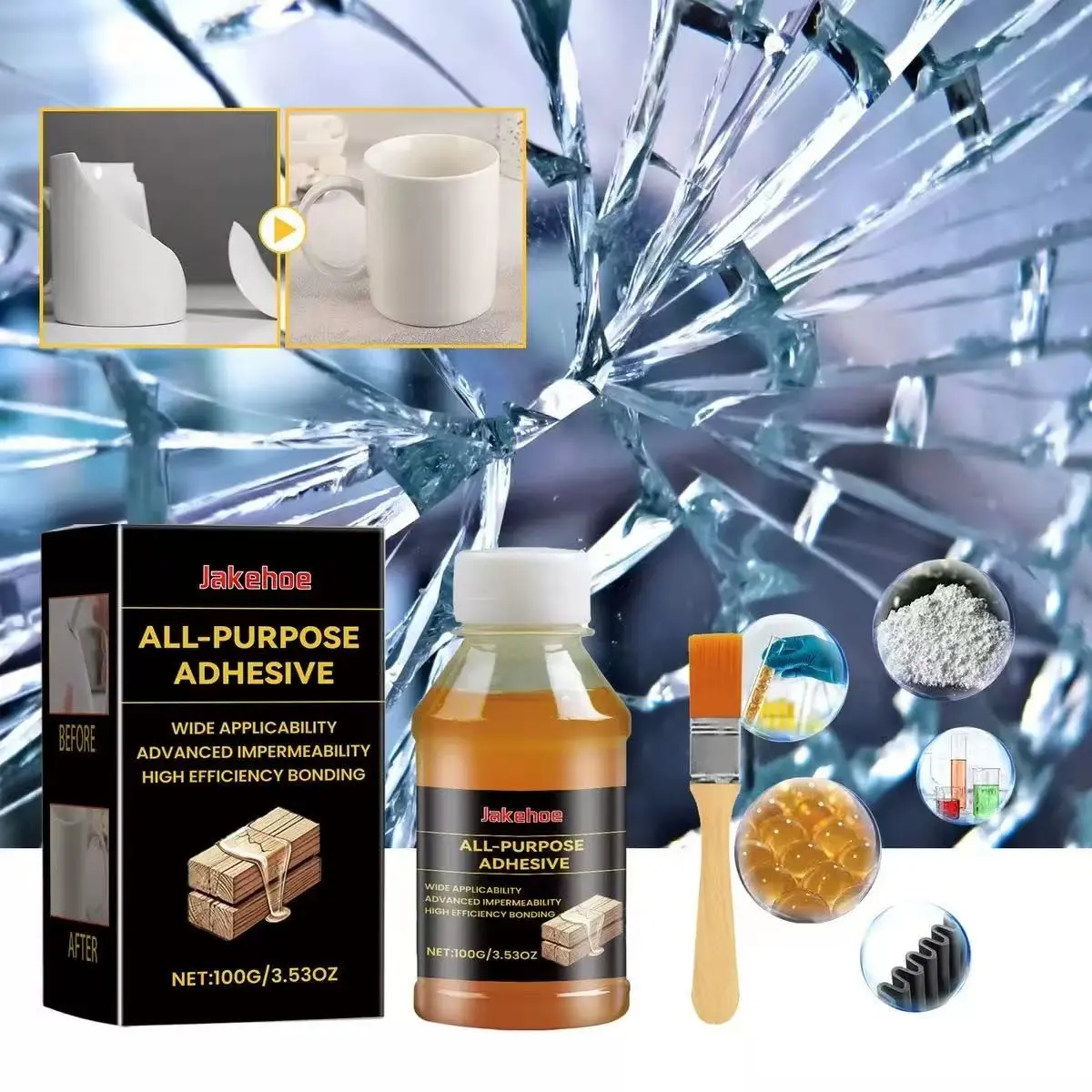 Jakehoe Multi-Purpose Repair Glue, Fast-Drying Natural Cure Adhesive for Wood Leather Glass, Strong Bonding Agent