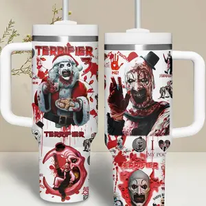 Terrifier Horror Movie Tumbler 40oz with Handle, Art the Clown Slasher Cup, Scary Halloween Fan Gift, Dark Gore Aesthetic Mug, Horror Film Lover Travel Mug, Stainless Steel Tumbler, Gift for fan