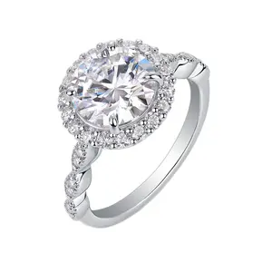 Moissanite 5CT D/VVS1 Round Cut four-Prong Solitaire Pavé Shoulder Engagement Ring – 18K White Gold Vermeil on 925 Silver, GRA Certified