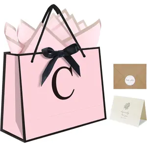 Initial  Bag set with Bow Ribbon Personalized Horizontal Paper Bag Monogrammed Birthday Gifts for Women Men (C-Small)