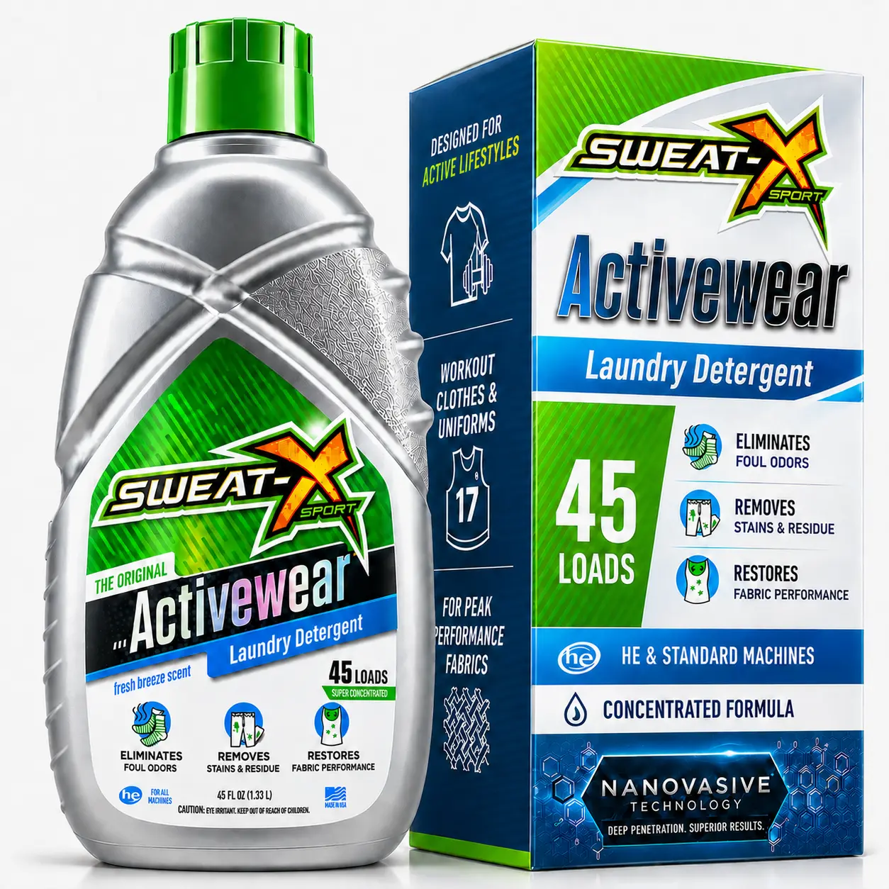 Sweat X Sport Activewear Laundry Detergent, 45 oz All-Purpose Household Cleaner for Activewear, Sportswear Care