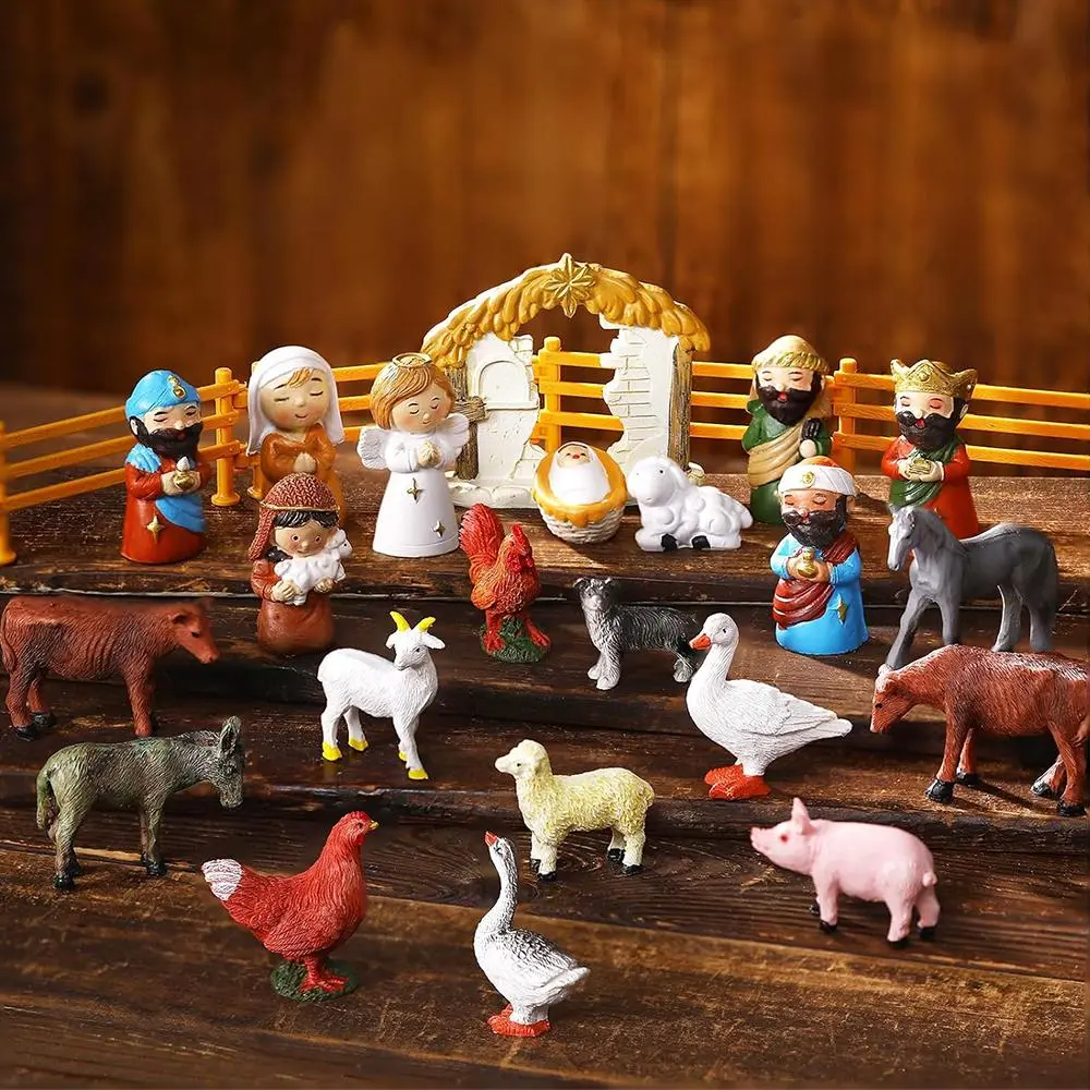 24 Pcs Small Nativity Set Resin Small Christmas Nativity Figurine Christmas Little Nativity Playset Figurine Christmas Manger Scene Ornaments Decoration Props with Jesus Stable for Xmas Tabletop Indoor Decoration