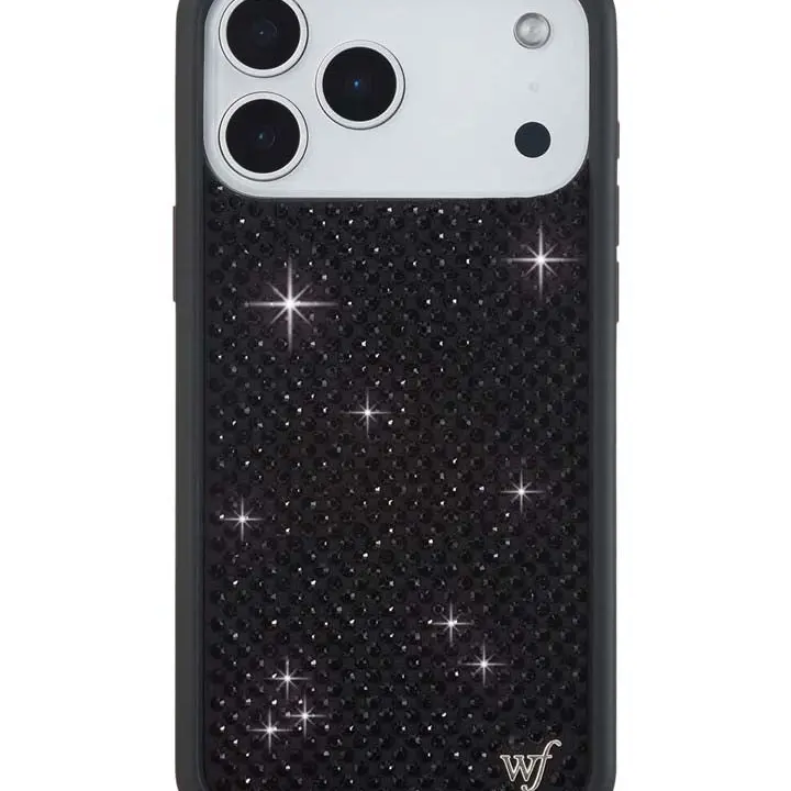 Wildflower Custom Black Rhinestone Durable Phone Case for iPhone - Rubber-Polyurethane Shockproof Raised Black Bumper, Dark Background Shiny Sparkle, Women-Owned Small Business Cellphone Cover Gift for Her