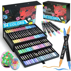 54 Colors   Markers - Dual Tip   Pens with 1-5mm Brush Tip & 1mm Fine Tip - Water-Based Non-Bleed  Markers for Rock, , Glass, Metal, Fabric, Ceramic, Canvas