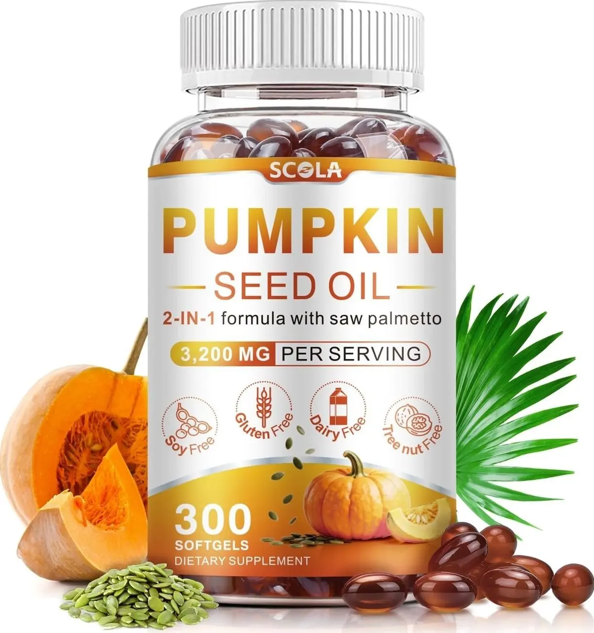 SCOLA Pumpkin Seed Oil with Saw Palmetto,3200mg/Serving,Cold-Pressed with Essential Fatty Acids & Phytosterols,Supports Hair, Immune,Bladder & Prostate Health,Non-GMO (300 Softgels)
