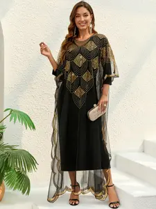 Women's Ramadan Gold Sequin Embroidered Open Abaya Dress Moroccan Muslim Kaftan Caftan for Eid Party CX32