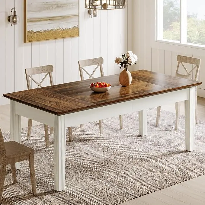 Tribesigns Dining Table for 4-6 People, 62-Inch Rectangular Kitchen Table with Solid Wood Legs, Modern Farmhouse Dinner Table for Dining Room, Kitchen, Living Room, Rustic Brown & White