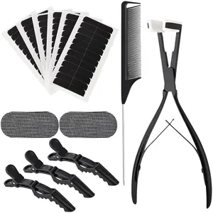 Hair Extensions Tools Kit Tape in Hair Sealing Pliers Flat Surface Hair Extension Tools with Double Sided Replacement Adhesive Hair Extension Tape Tabs (Black)