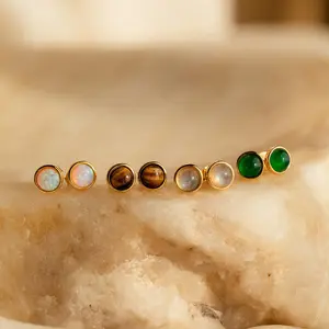 Manifest Gemstone Studs by Caitlyn Minimalist - Round Bezel Stud Earrings in Labradorite, Tiger's Eye, Jade, & White Opal - Boho Jewelry - Gift for Her