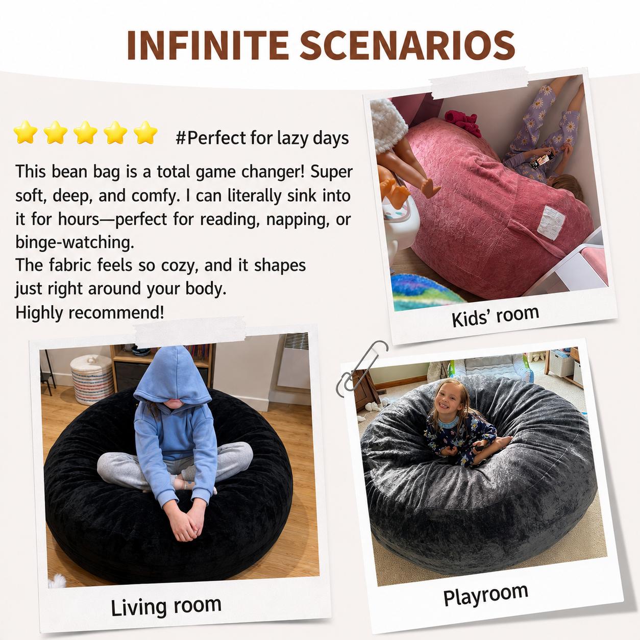 Bean Bag Chair for Adults, Giant Bean Bag with Filler & Machine Washable Cover, Fluffy Bean Bag Chairs Oversized Beanbag Lounge Chair for Living Room, Bedroom Dorm(4/5/6FT))