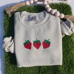 Embroidered Strawberry Sweatshirt Casual Cotton Crewneck Womenswear Clothing Comfortable Day