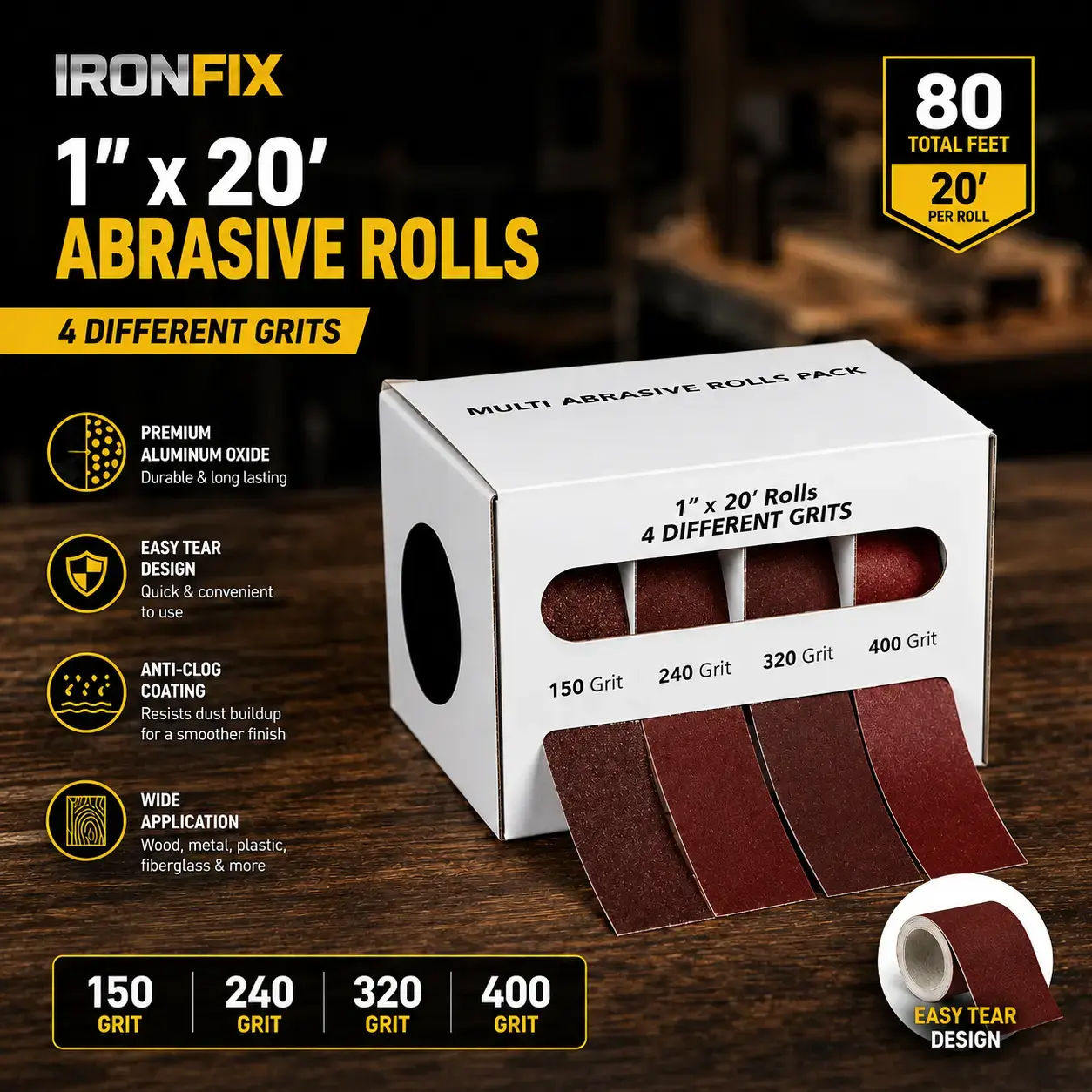 IRONFIX 1" x 20' Abrasive Sandpaper Roll Kit, Choose 4/5/6 Grit Options, Multi-Grit Sanding Rolls with Dispenser Box & Built-In Cutter for Wood, Metal, Automotive & DIY Finishing