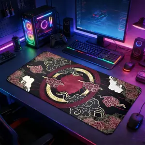Black Gold Cloud Red Sun Large Gaming Mouse Pad, Extended Non-Slip Rubber Base Desk Mat, Japanese Traditional Wavy Pattern Computer Accessory, Durable Office Desk Pad for Home Office & Gaming Setup, Office Gadgets, Ideal Gift for Art & Aesthetic Lovers
