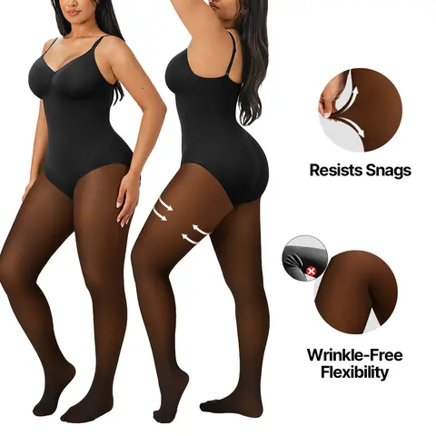 SHAPELLX Women's Sheer-Panel Fleece-Lined Tights Bodysuit - Tummy Control, Sheer Effect, Warm Fabric, Snug Fit, Basic Underwear